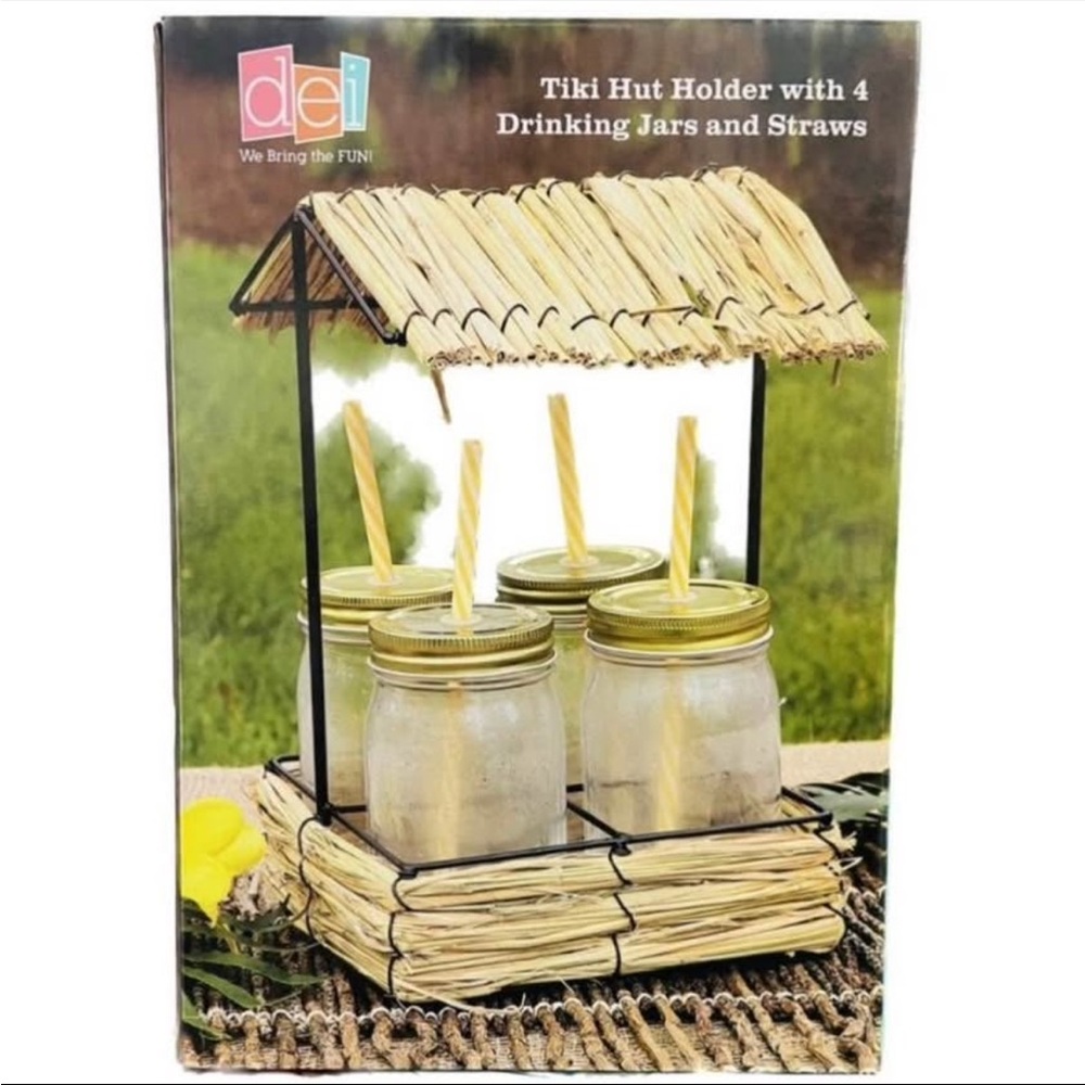 NIB Tiki Hut Luau Drink Holder Set with Glasses